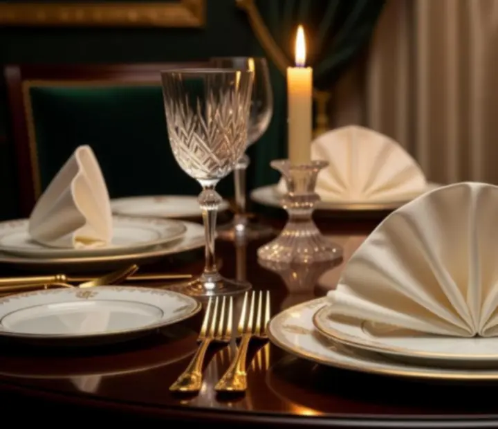 Detail večerně nasvíceného stolu se svíčkami a skleničkami vína v restauraci Czech Palace