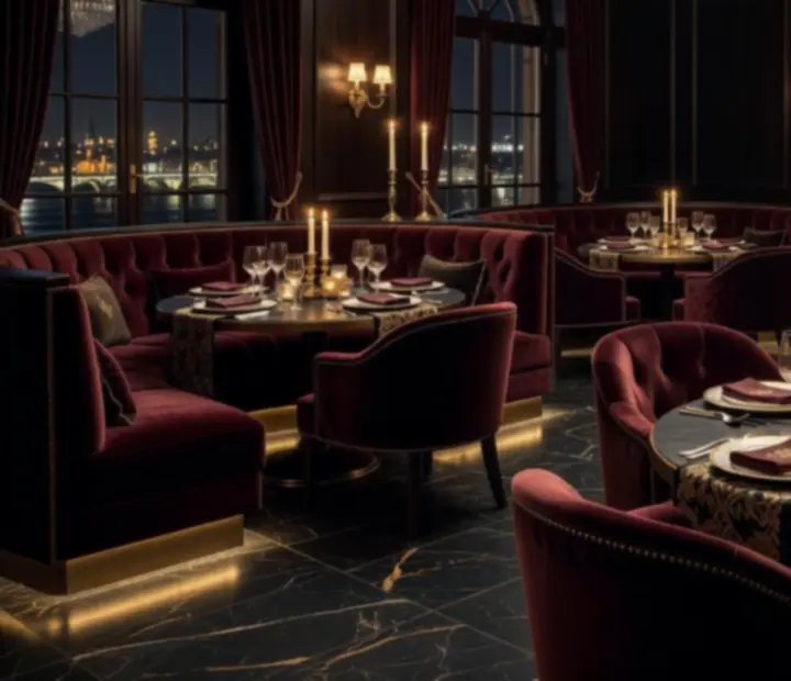 Luxusní večerní interiér restaurace Czech Palace s noblesně prostřenými stoly