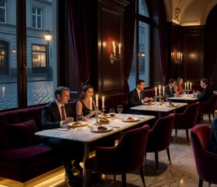 Luxusní večerní interiér restaurace Czech Palace