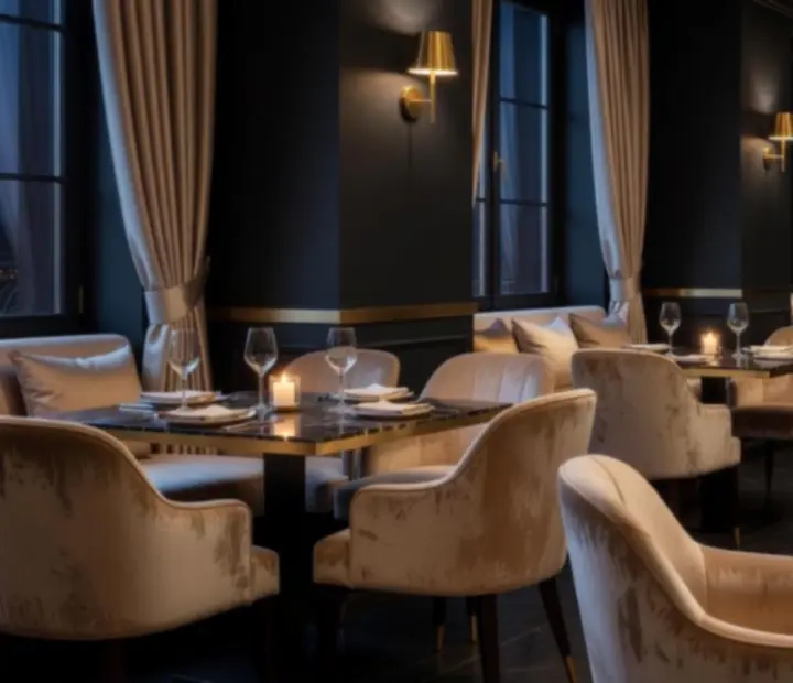 Candlelit interiér restaurace s tmavým luxusním designem