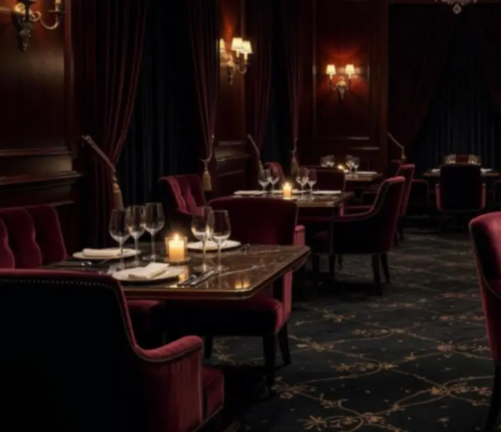 Elegantní večerní interiér restaurace se slavnostně prostřenými stoly