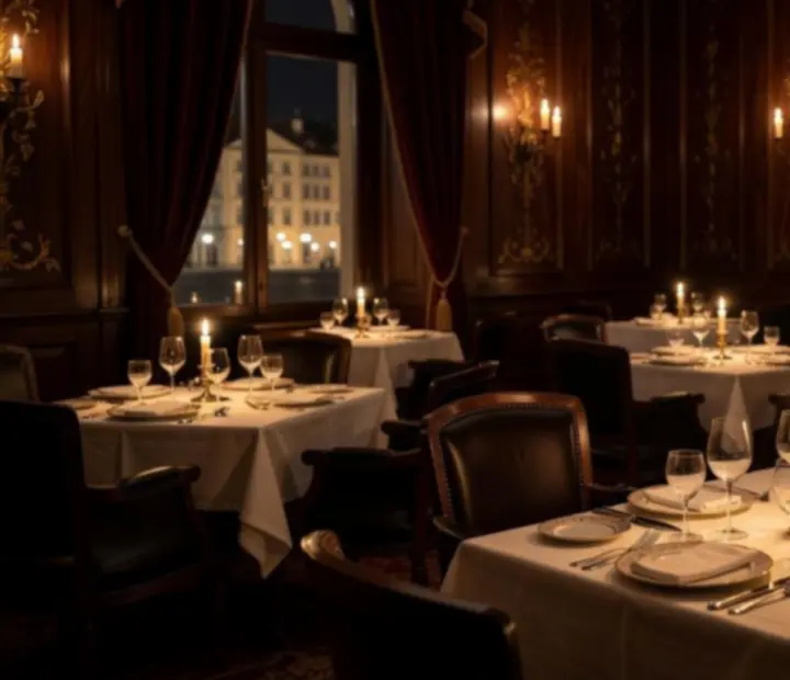 Intimně nasvícený večerní sál restaurace Czech Palace