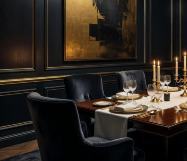 Luxusní VIP salonek s intimním osvětlením a prostřeným stolem.
