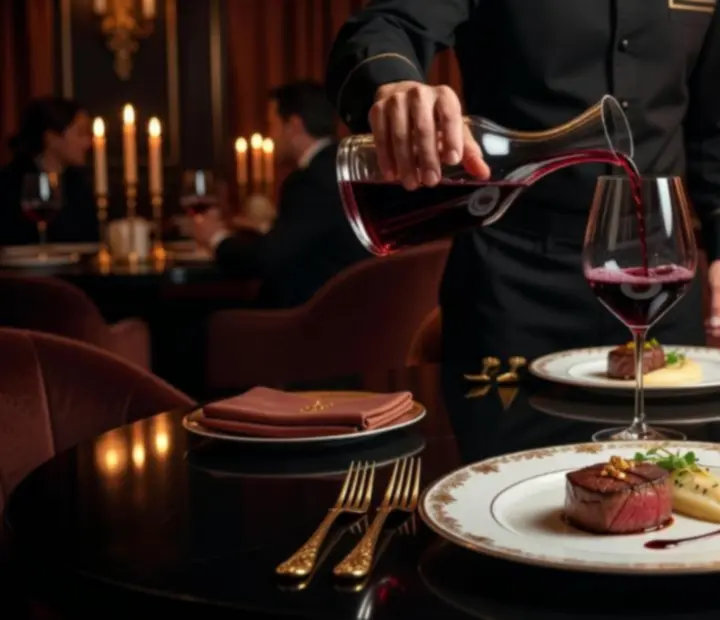 Sklenka vína u fine dining servisu v tlumeném světle